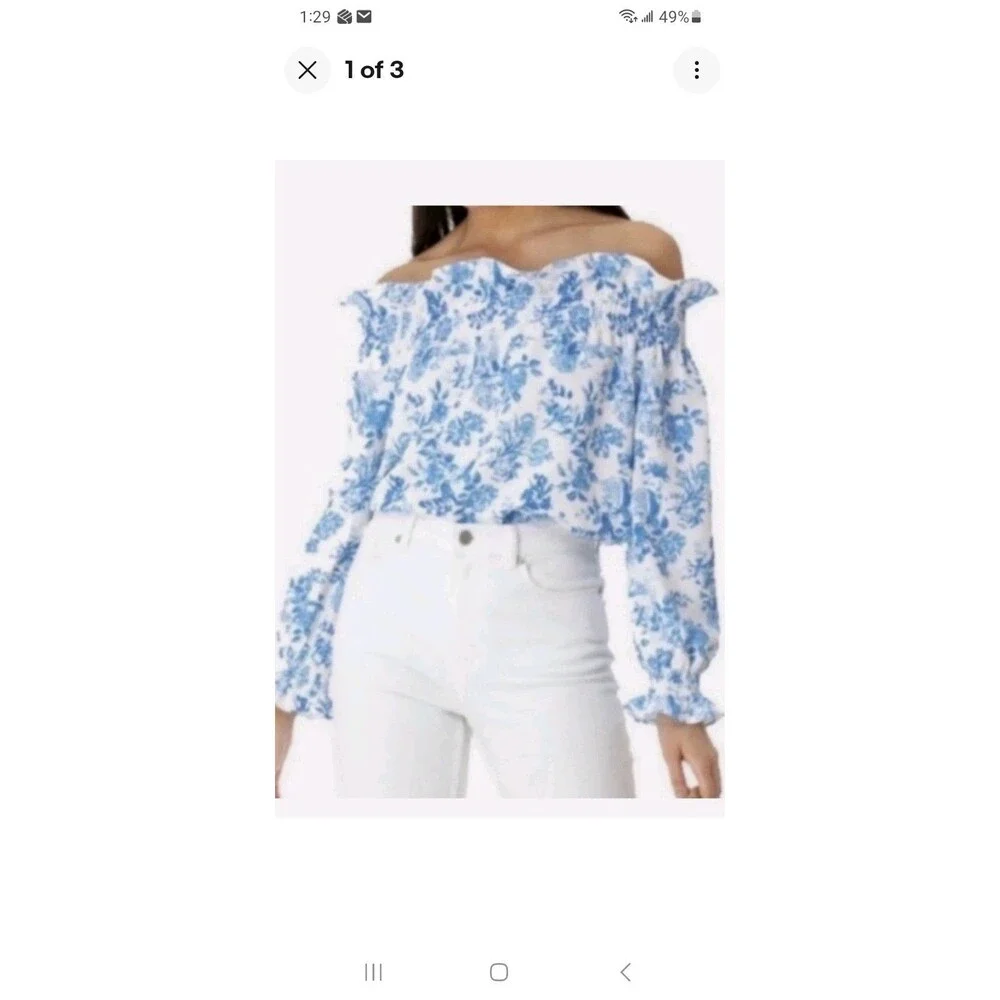 Tuckernuck blue white Marguerite blouse M smocked off shoulder pullover top